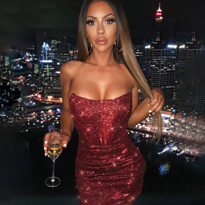 Strapless Mini Dress with Glitter Corset Design - Sienna
