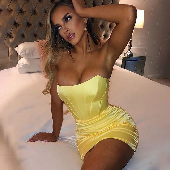 Strapless Satin Mini Dress with Corset Cut and Ruching - Cindy