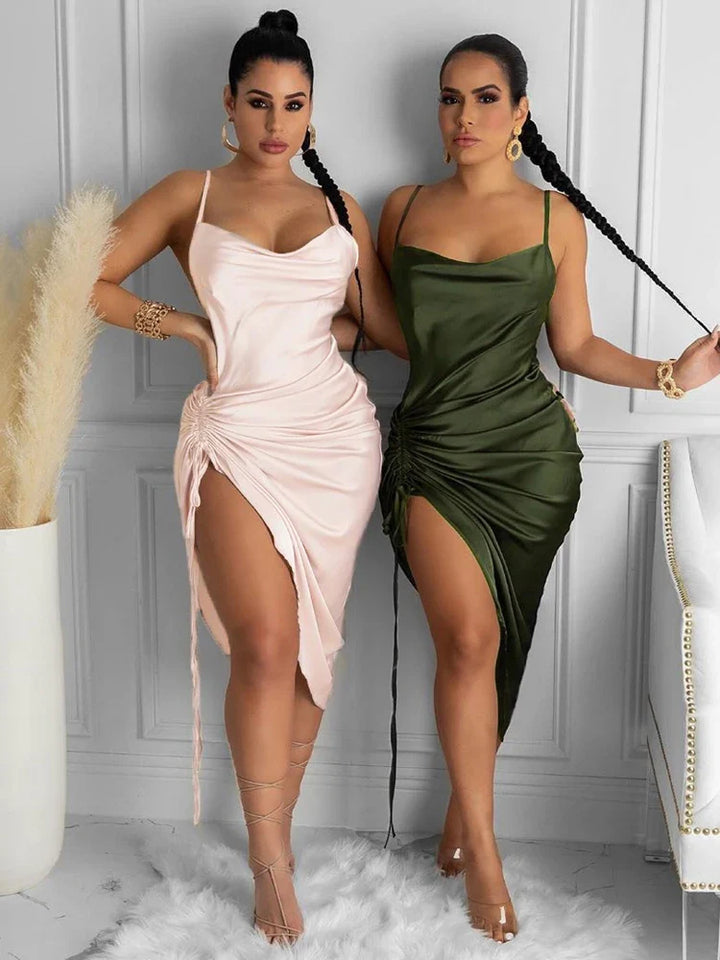 Midi satin dress with ruching - Lis