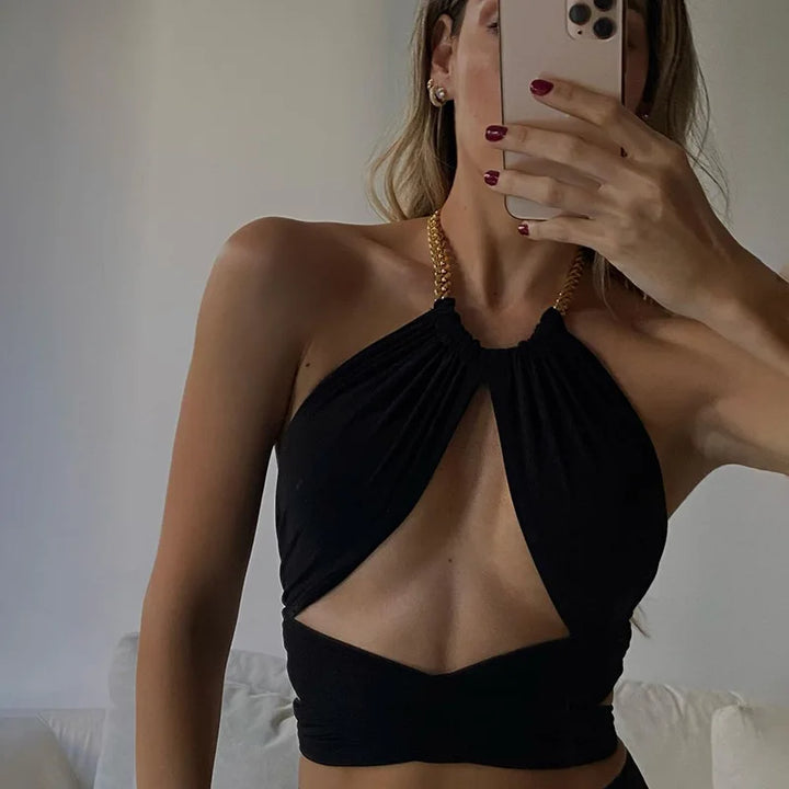 Crop Top with Cutouts and Chain - Nell