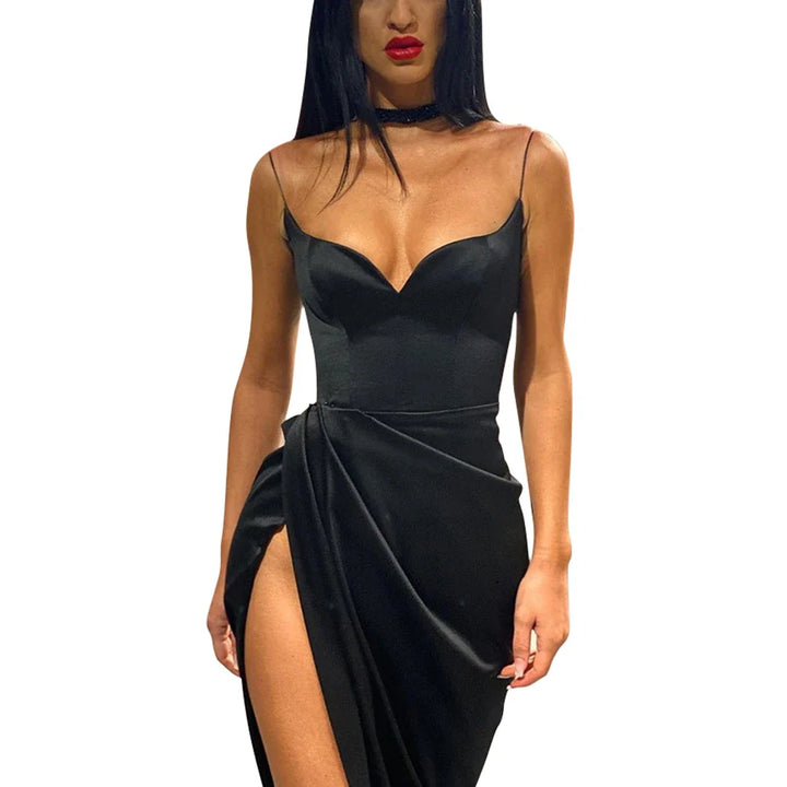 Elegant Satin Midi Dress with Deep Slit - Lunar