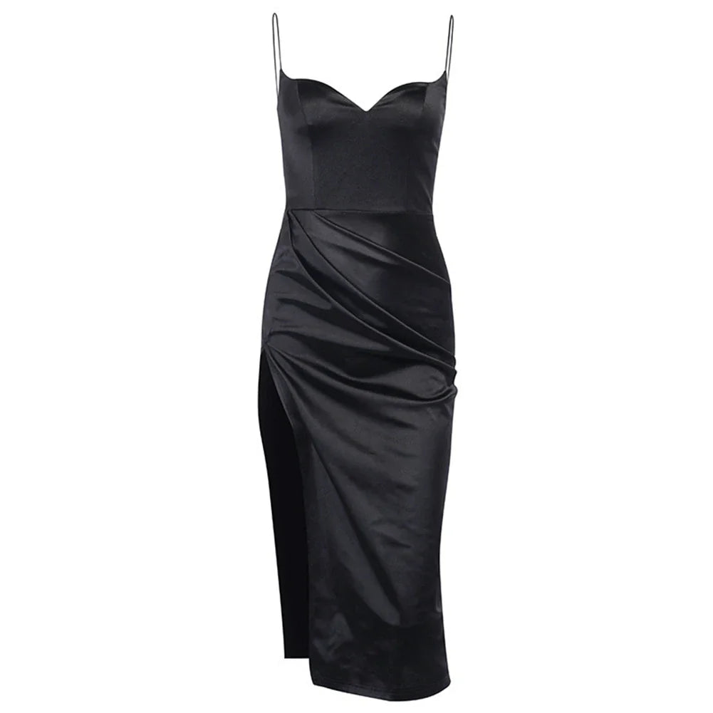 Elegant Satin Midi Dress with Deep Slit - Lunar
