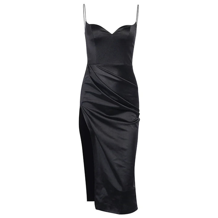 Elegant Satin Midi Dress with Deep Slit - Lunar