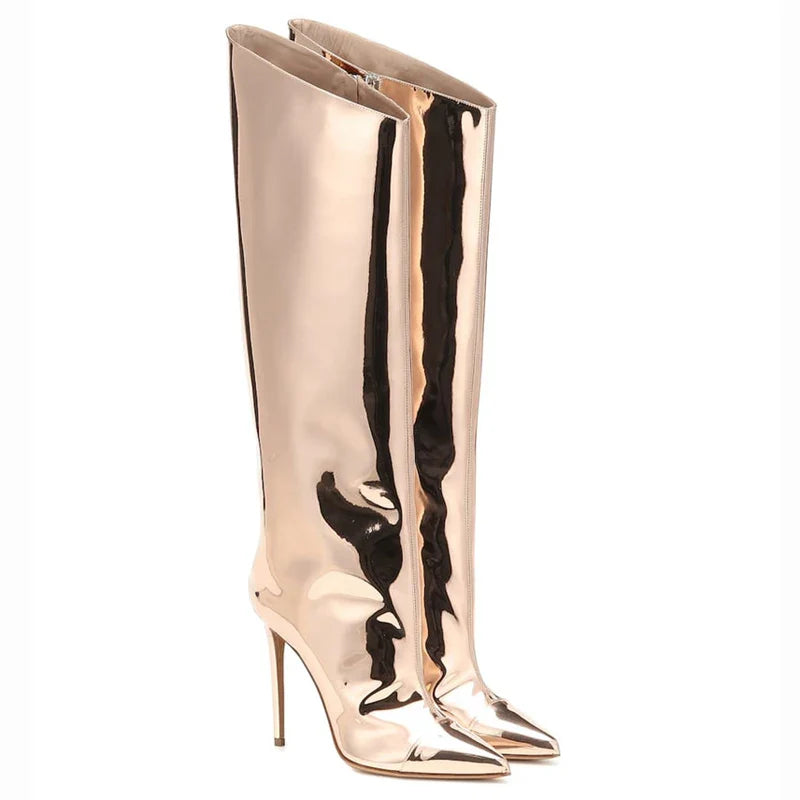 High Pointed Toe Heel Boots with Glossy Leather Design - Sloane