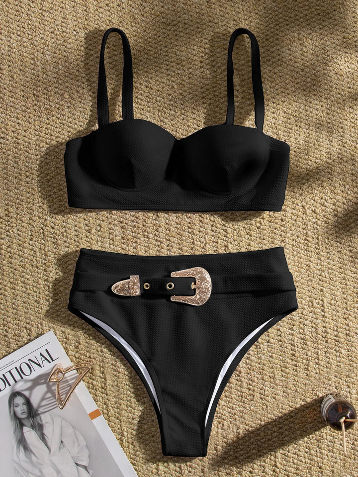 Waffle Fabric Bikini with Belt Decoration and Push-Up Bra - Nadia