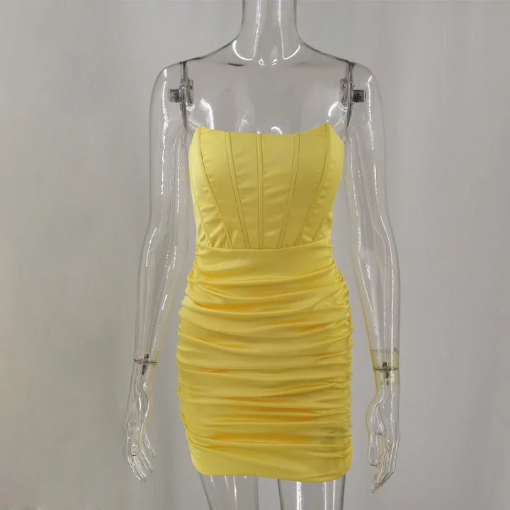 Strapless Satin Mini Dress with Corset Cut and Ruching - Cindy