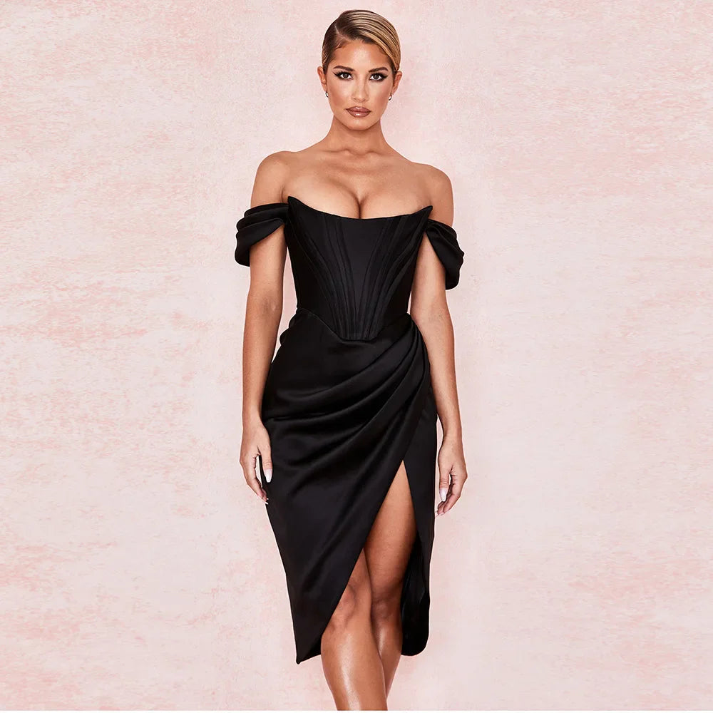 Satin Corset Dress with Dropped Sleeves - Coral