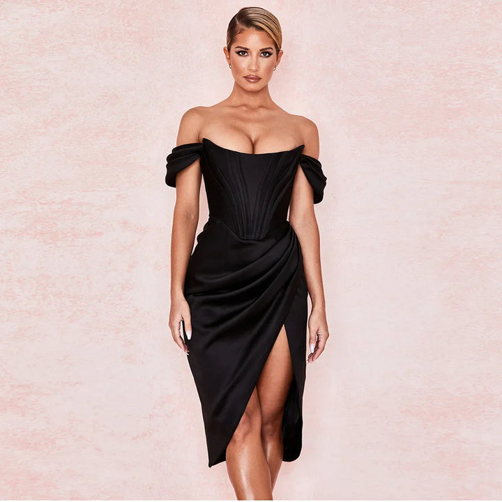Satin Corset Dress with Dropped Sleeves - Coral