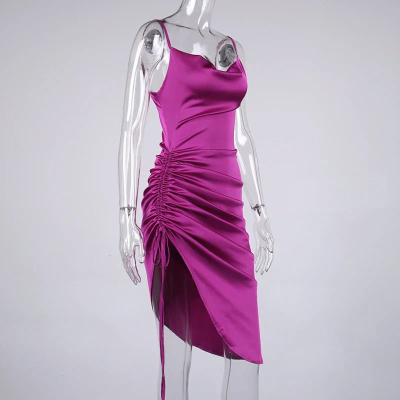 Midi satin dress with ruching - Lis