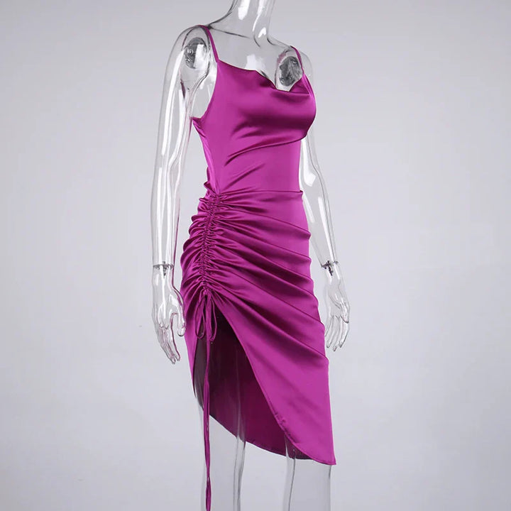 Midi satin dress with ruching - Lis