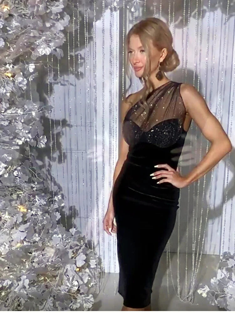 Midi velvet dress with chiffon sequin detail - Irene