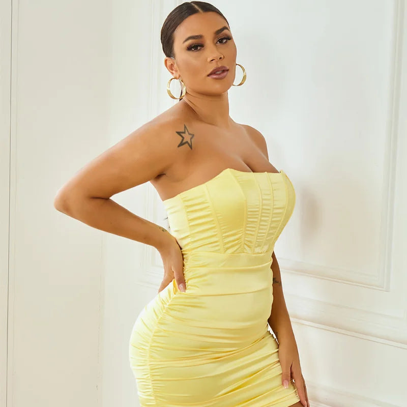 Strapless Satin Mini Dress with Corset Cut and Ruching - Cindy