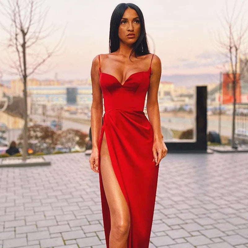 Elegant Satin Midi Dress with Deep Slit - Lunar
