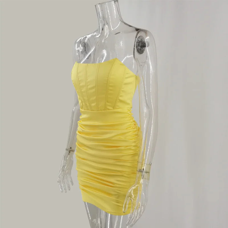 Strapless Satin Mini Dress with Corset Cut and Ruching - Cindy