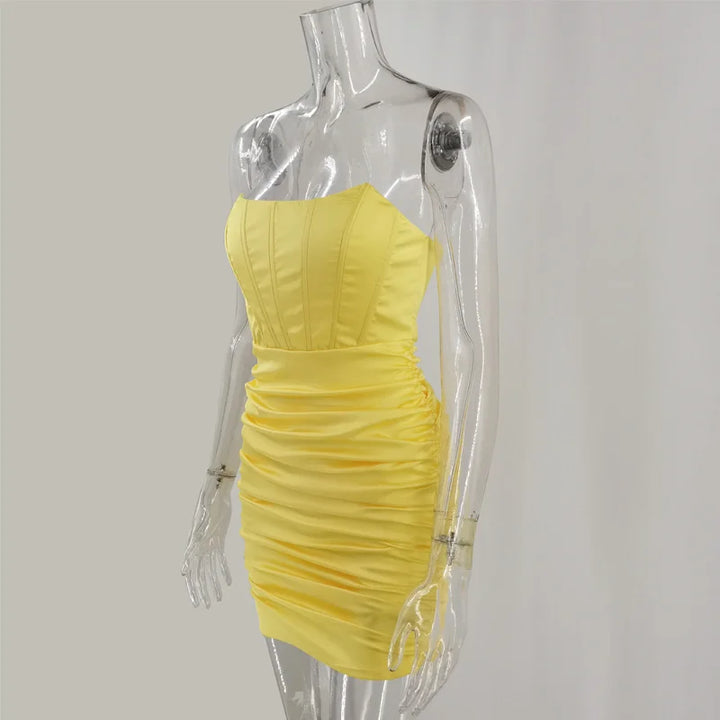Strapless Satin Mini Dress with Corset Cut and Ruching - Cindy