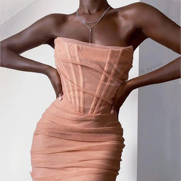 Strapless Midi Dress with Chiffon Corset - Tula