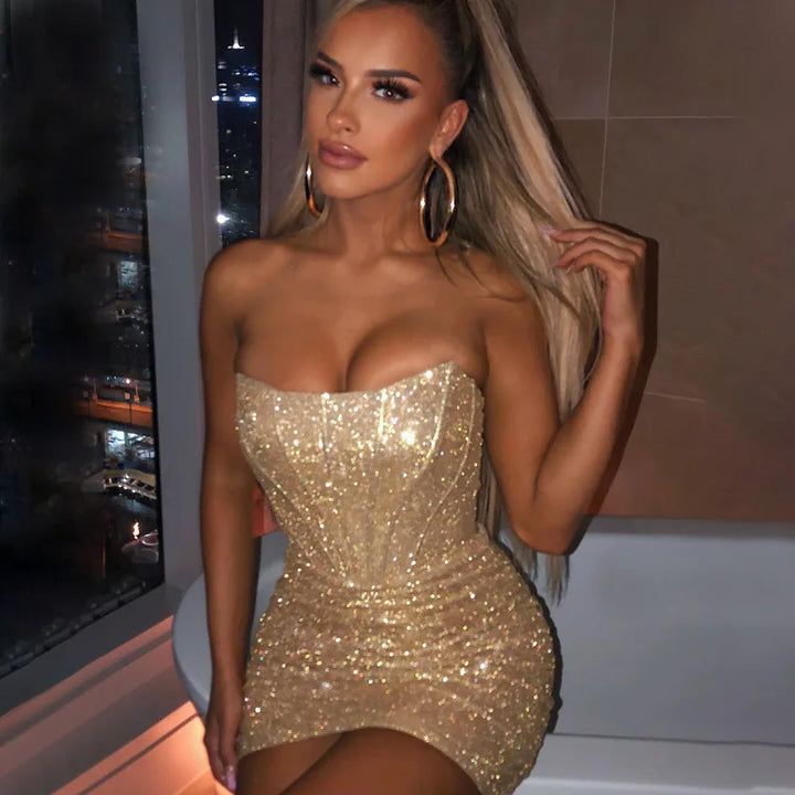 Strapless Mini Dress with Glitter Corset Design - Sienna