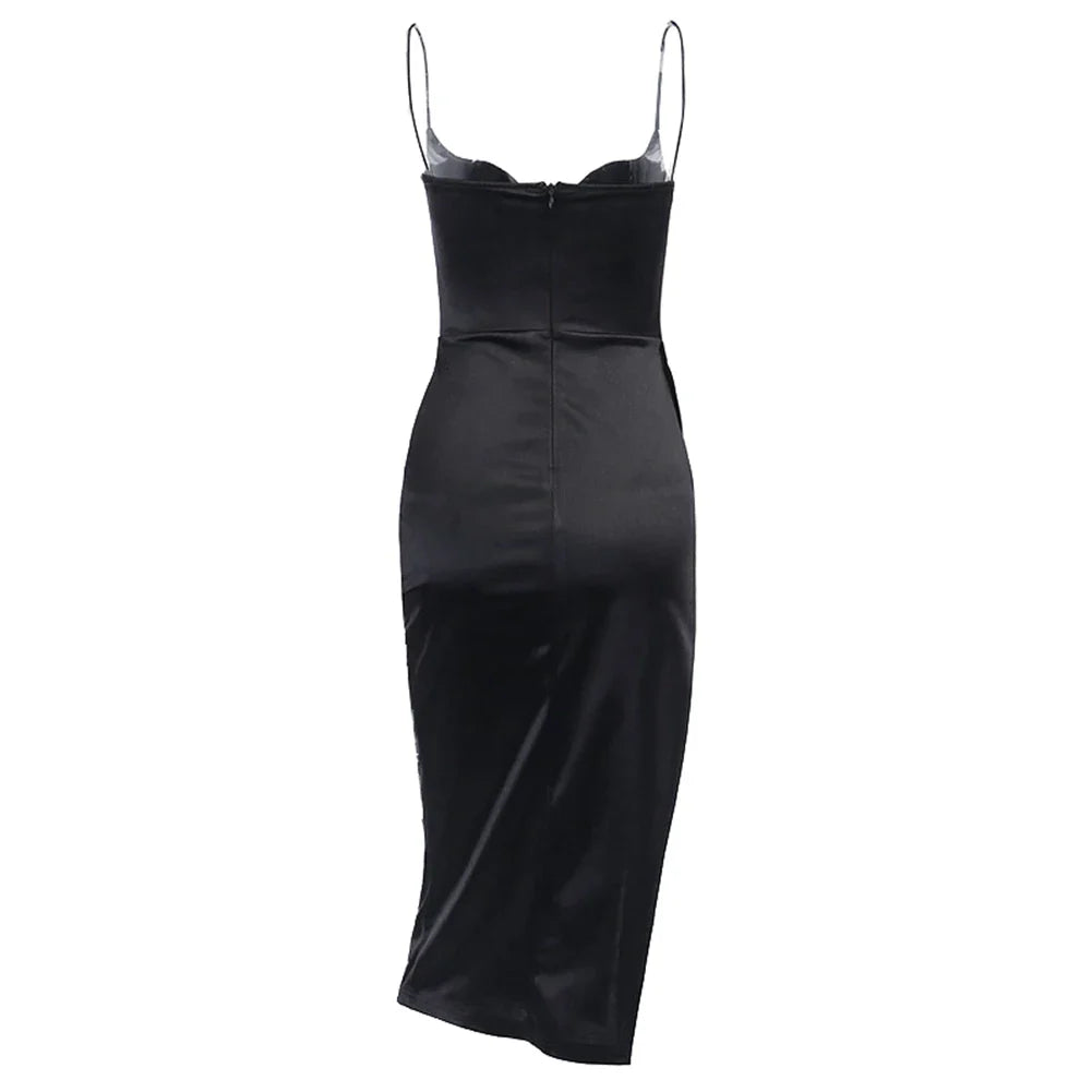 Elegant Satin Midi Dress with Deep Slit - Lunar