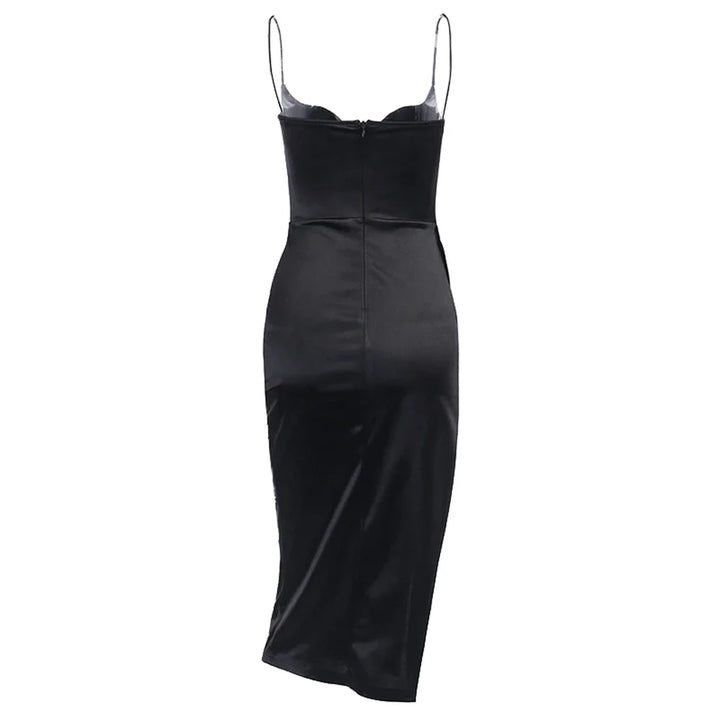 Elegant Satin Midi Dress with Deep Slit - Lunar