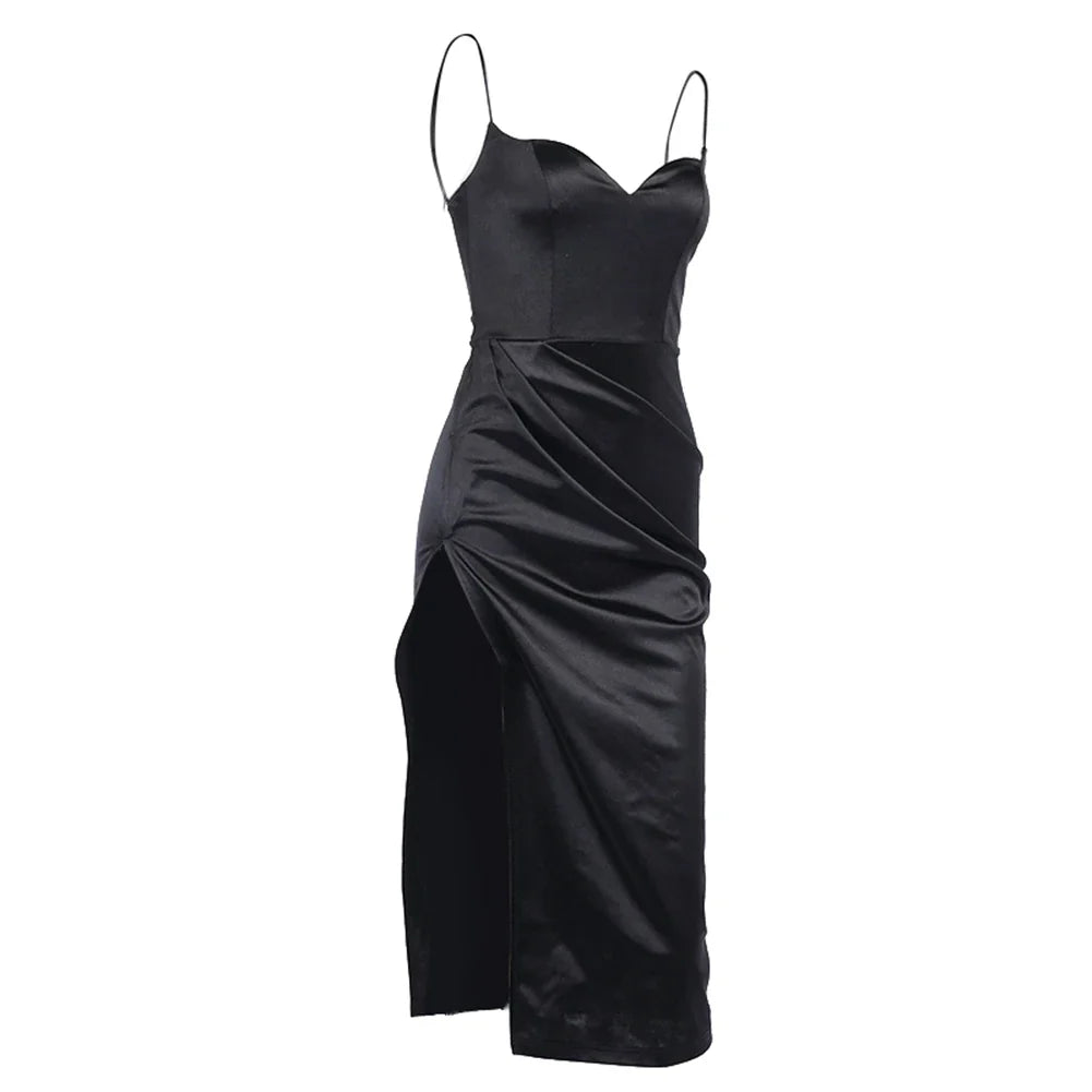 Elegant Satin Midi Dress with Deep Slit - Lunar