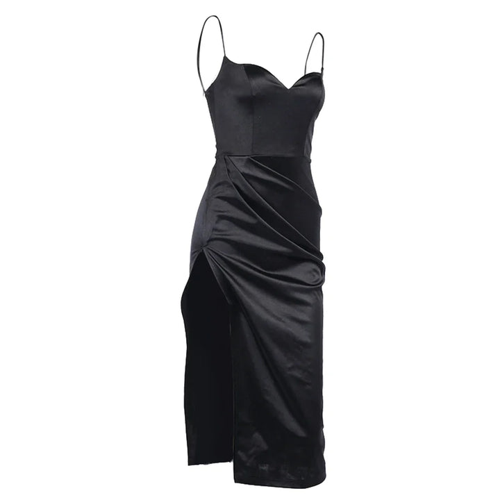 Elegant Satin Midi Dress with Deep Slit - Lunar