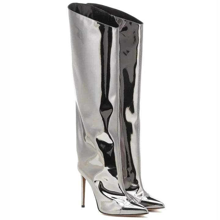 High Pointed Toe Heel Boots with Glossy Leather Design - Sloane