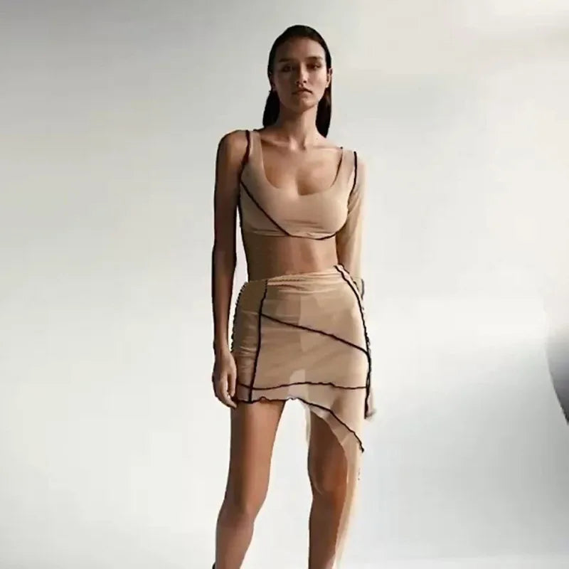 Two-piece set mini skirt and one-sleeve blouse - Kiara