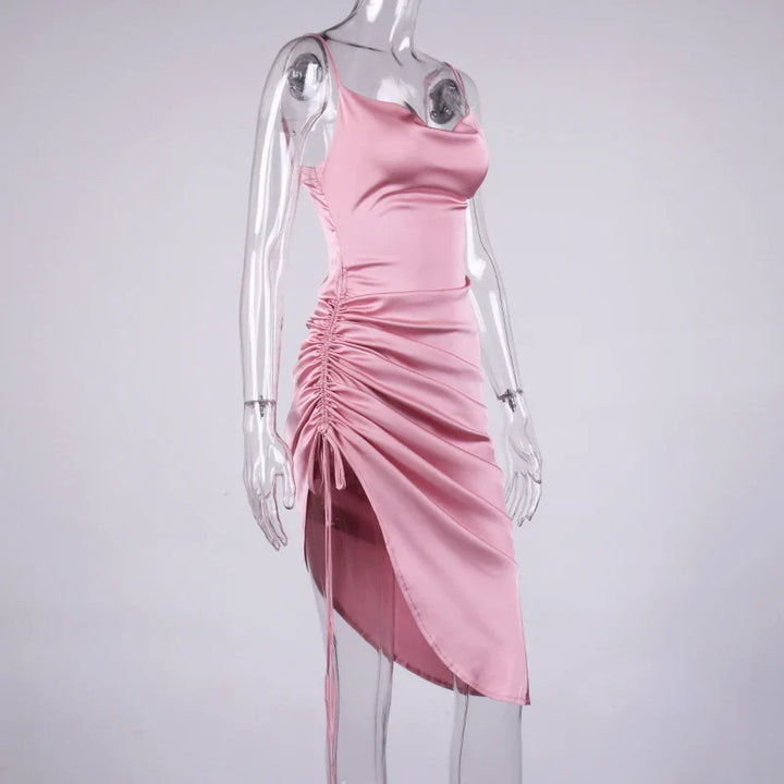 Midi satin dress with ruching - Lis
