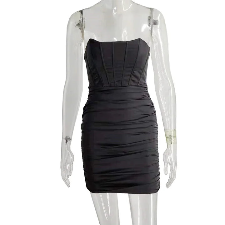 Strapless Satin Mini Dress with Corset Cut and Ruching - Cindy