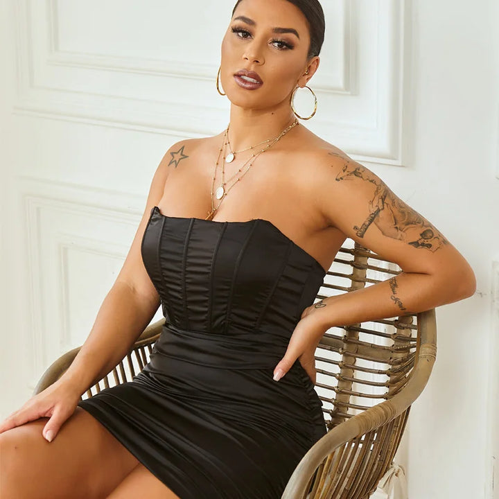 Strapless Satin Mini Dress with Corset Cut and Ruching - Cindy