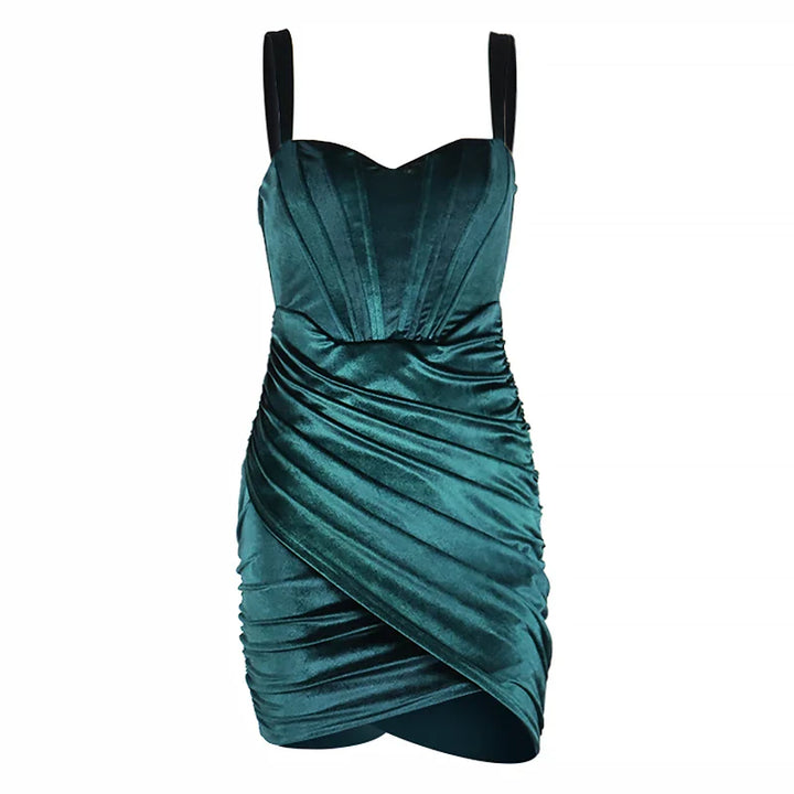 Velvet Mini Dress with Corset Design and Ruching - Sheina