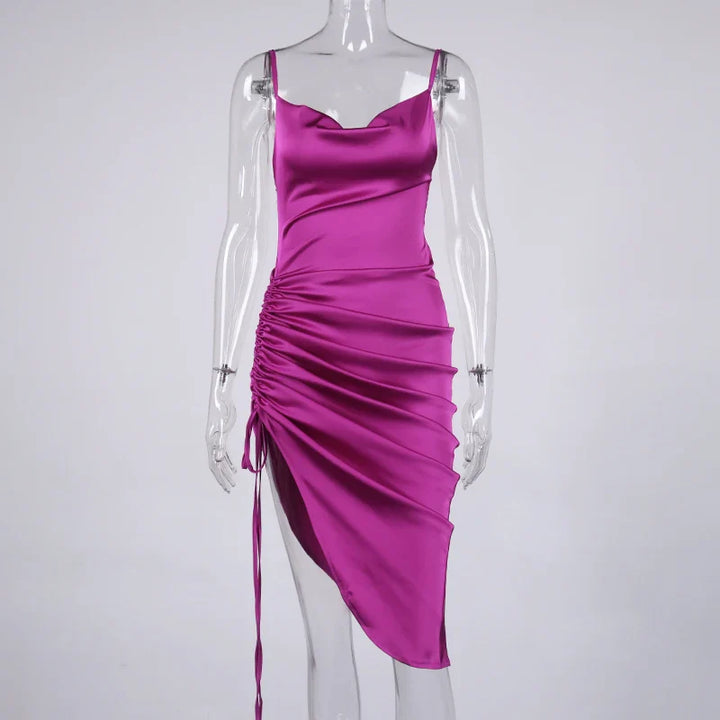 Midi satin dress with ruching - Lis