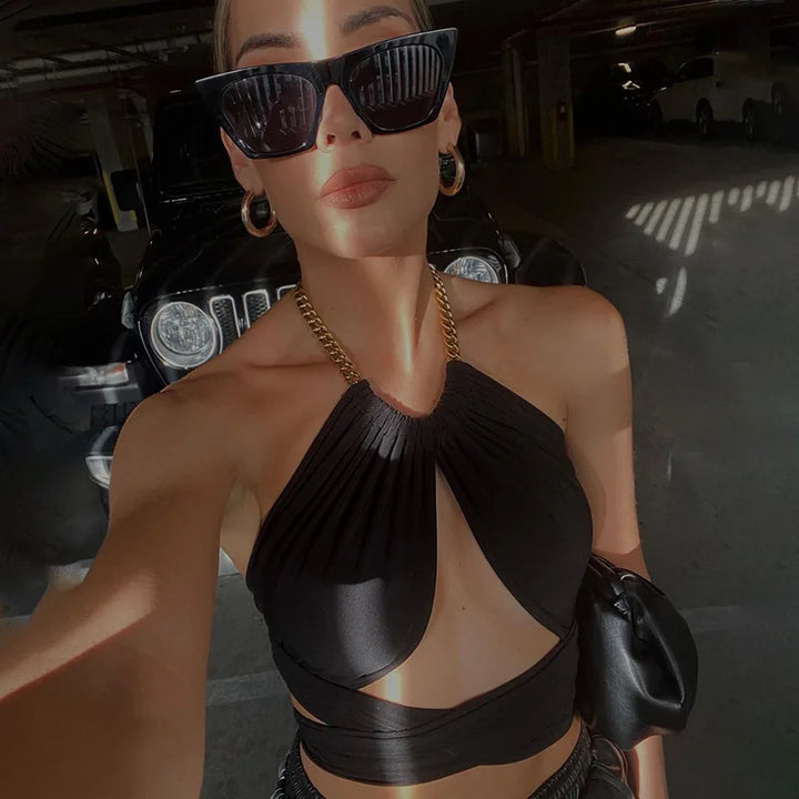 Crop Top with Cutouts and Chain - Nell