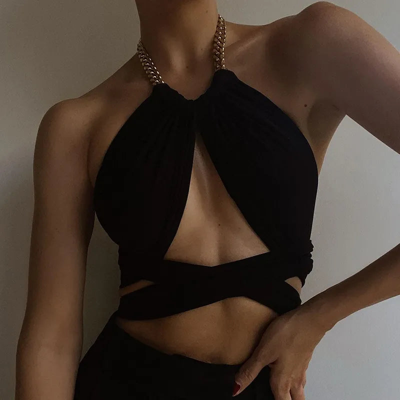 Crop Top with Cutouts and Chain - Nell