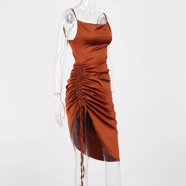 Midi satin dress with ruching - Lis