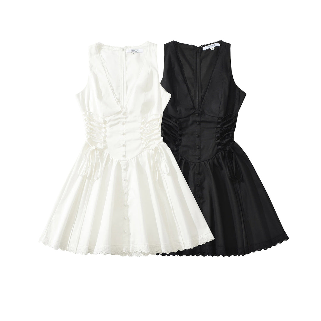 A-line mini dress with tie and button embellishments – Vanessa