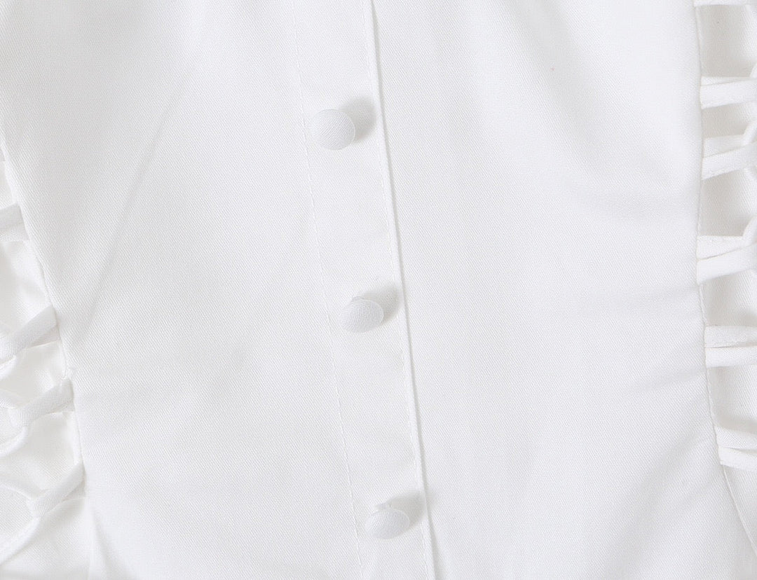A-line mini dress with tie and button embellishments – Vanessa