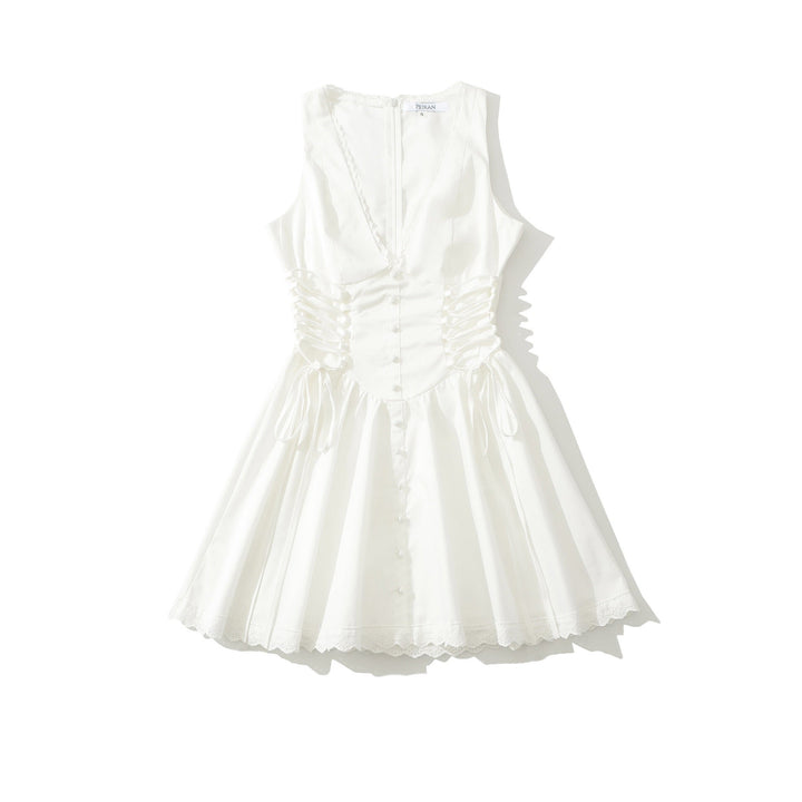 A-line mini dress with tie and button embellishments – Vanessa