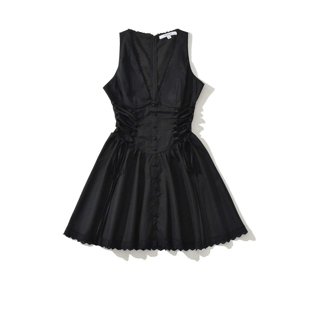 A-line mini dress with tie and button embellishments – Vanessa