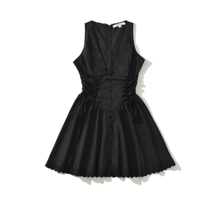 A-line mini dress with tie and button embellishments – Vanessa