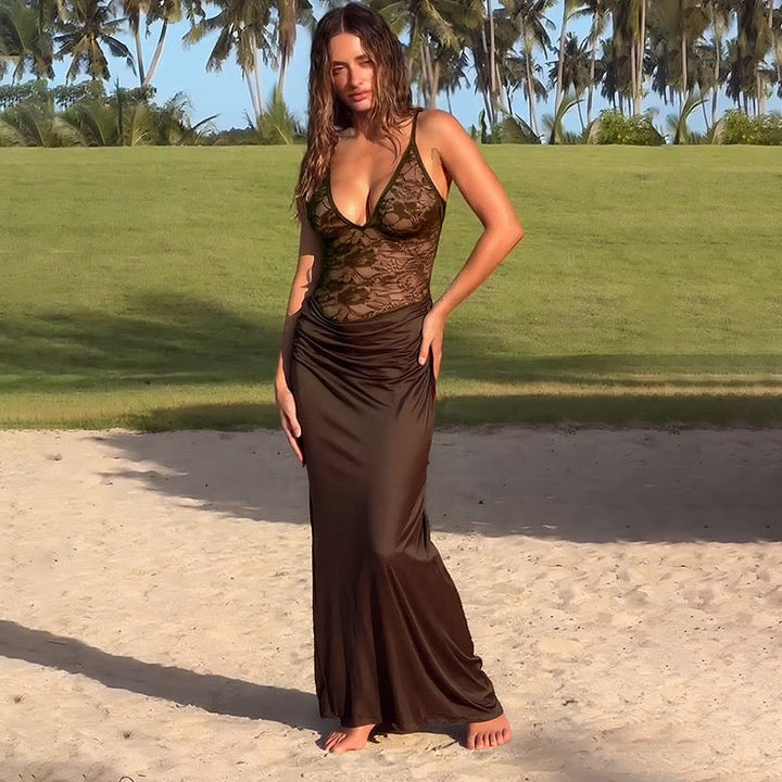 Maxi Dress with Lace Design, Tie at Neck, Open Back - Adika
