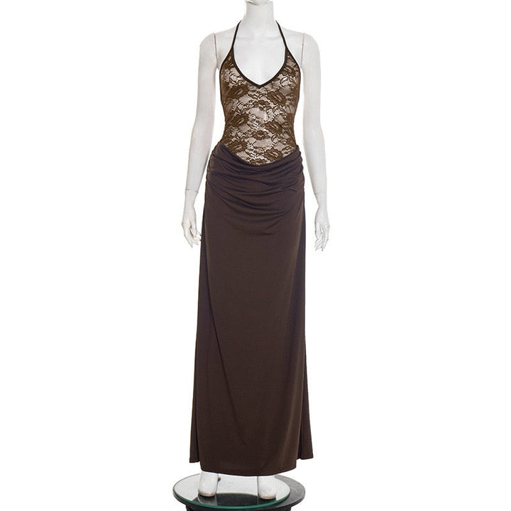 Maxi Dress with Lace Design, Tie at Neck, Open Back - Adika