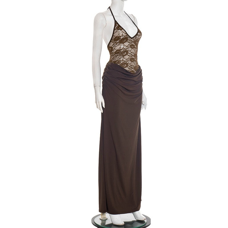 Maxi Dress with Lace Design, Tie at Neck, Open Back - Adika
