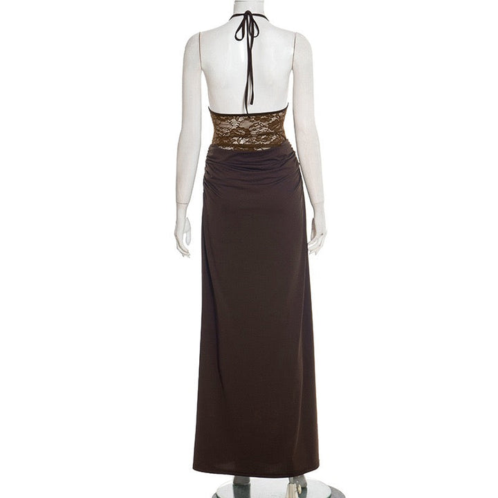 Maxi Dress with Lace Design, Tie at Neck, Open Back - Adika
