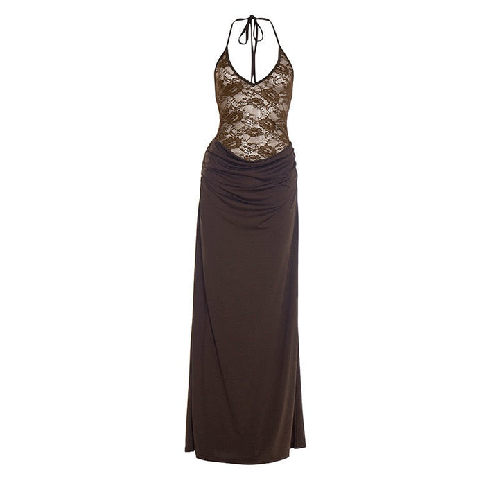 Maxi Dress with Lace Design, Tie at Neck, Open Back - Adika