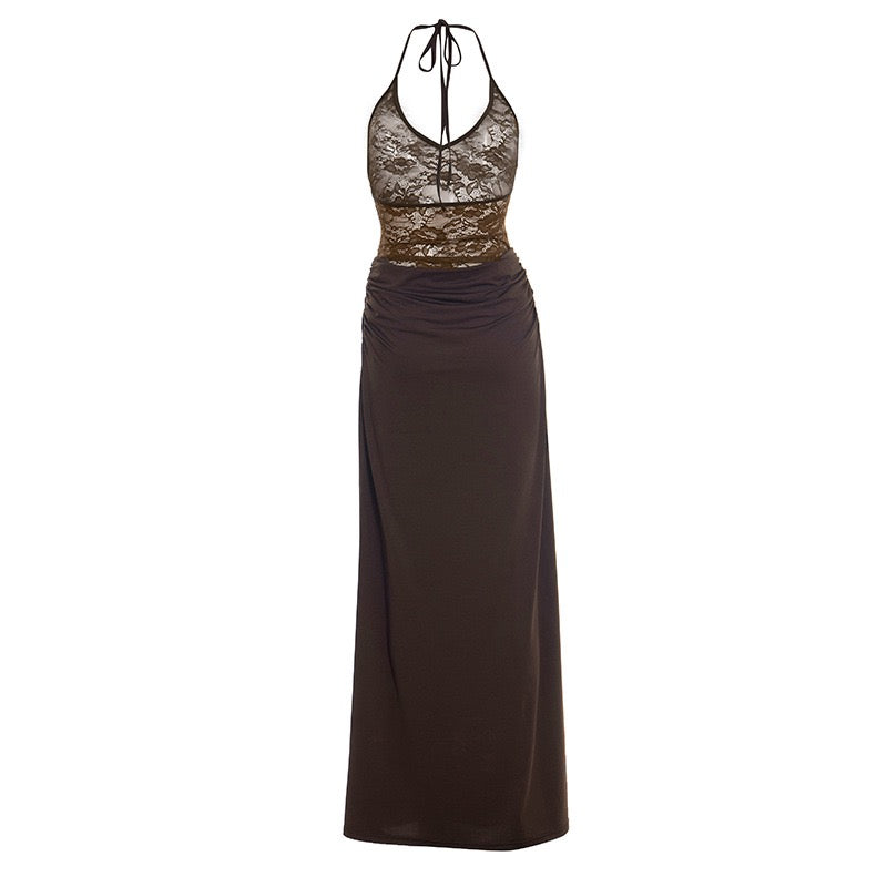 Maxi Dress with Lace Design, Tie at Neck, Open Back - Adika