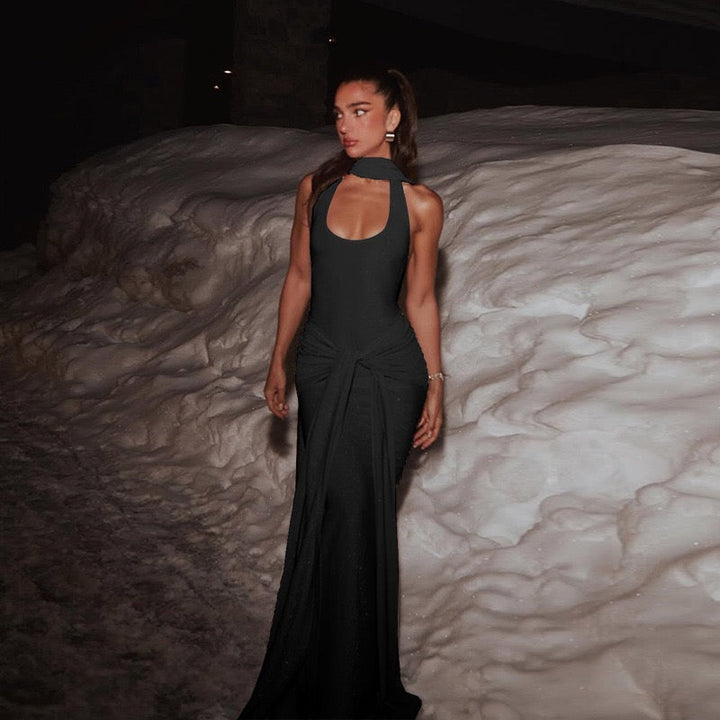 Maxi sequin dress with tie at the nape, open back - Palermo