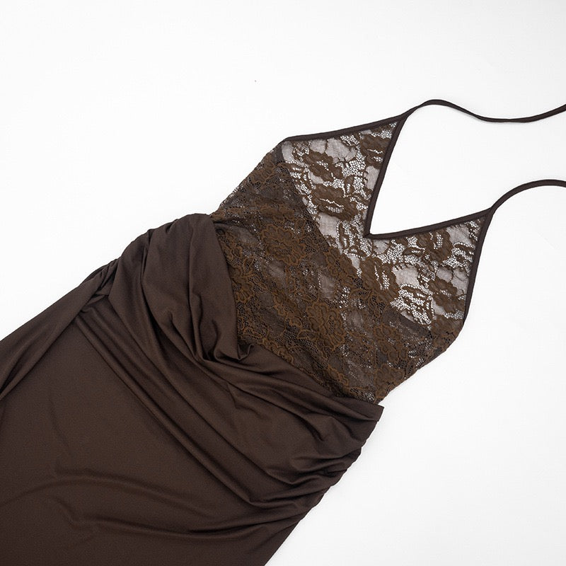Maxi Dress with Lace Design, Tie at Neck, Open Back - Adika