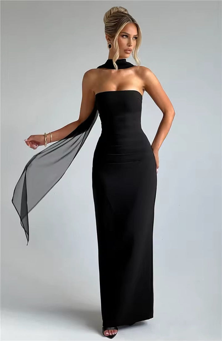 Maxi strapless dress with glove and chiffon scarf decoration - Annabel