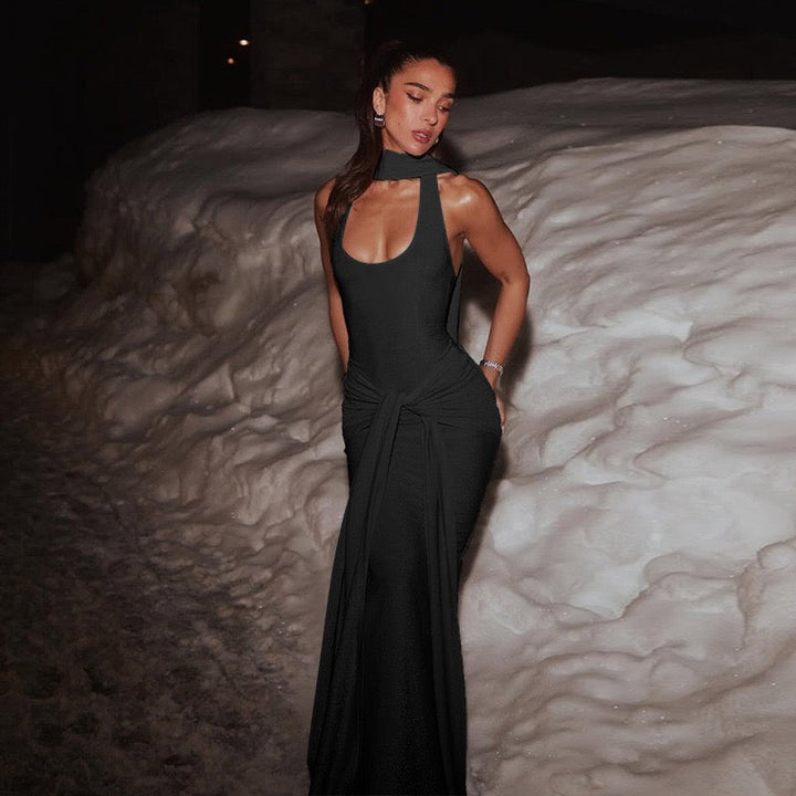 Maxi sequin dress with tie at the nape, open back - Palermo
